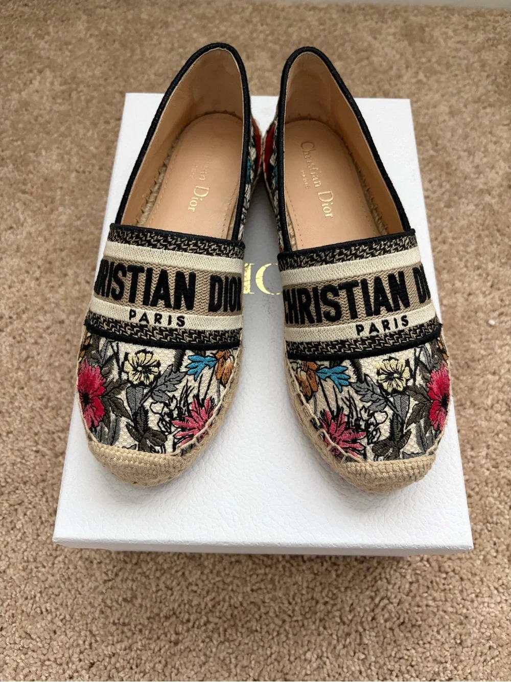 Dior Floral Embroidered Espadrilles in Beige and Multicolor